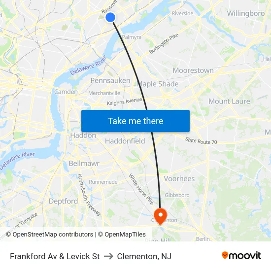 Frankford Av & Levick St to Clementon, NJ map