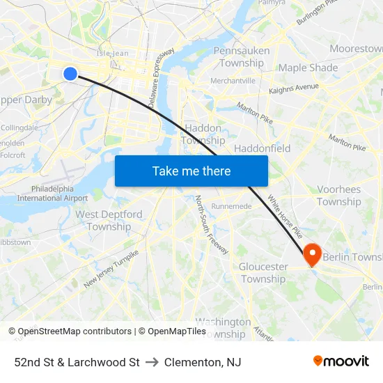 52nd St & Larchwood St to Clementon, NJ map