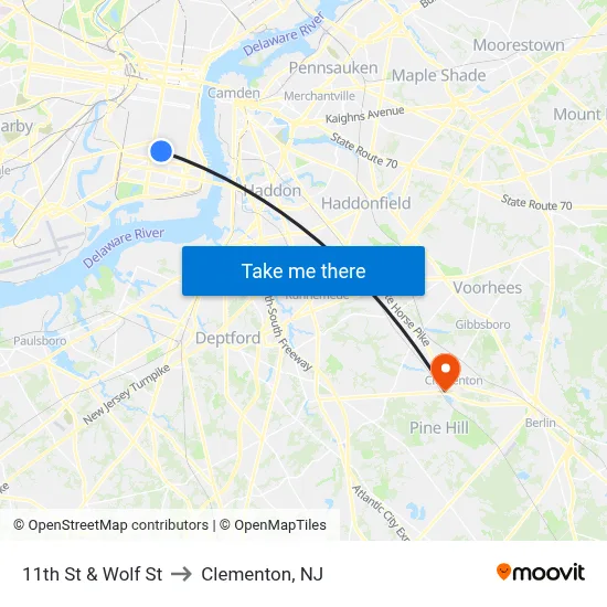 11th St & Wolf St to Clementon, NJ map