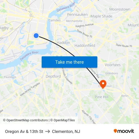 Oregon Av & 13th St to Clementon, NJ map