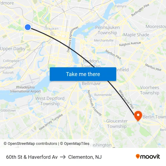 60th St & Haverford Av to Clementon, NJ map