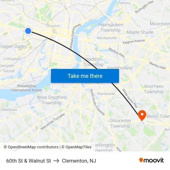 60th St & Walnut St to Clementon, NJ map