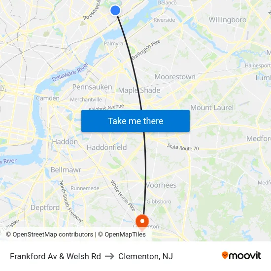 Frankford Av & Welsh Rd to Clementon, NJ map