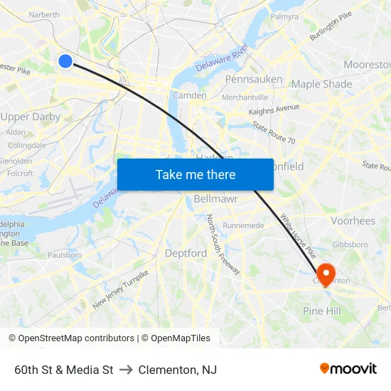 60th St & Media St to Clementon, NJ map