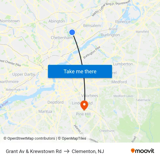 Grant Av & Krewstown Rd to Clementon, NJ map