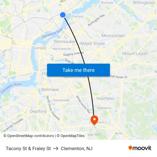 Tacony St & Fraley St to Clementon, NJ map