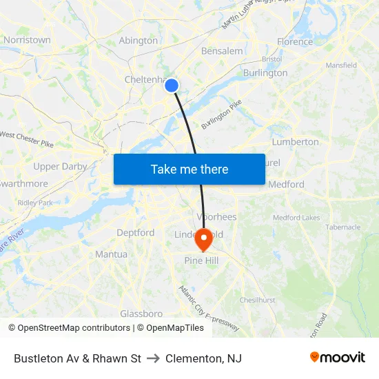 Bustleton Av & Rhawn St to Clementon, NJ map