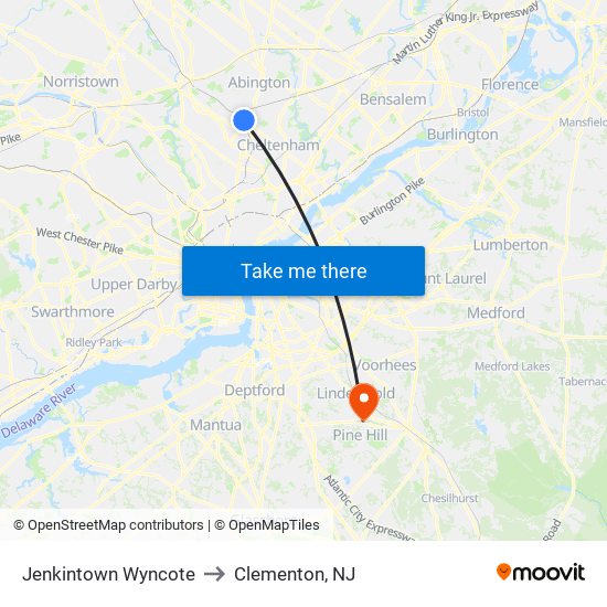 Jenkintown Wyncote to Clementon, NJ map