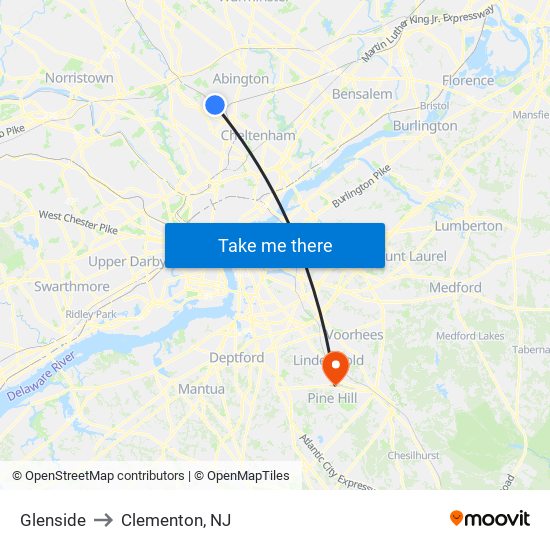 Glenside to Clementon, NJ map