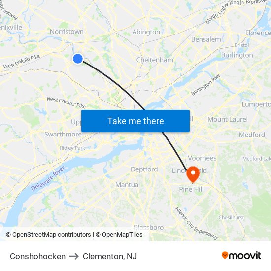 Conshohocken to Clementon, NJ map