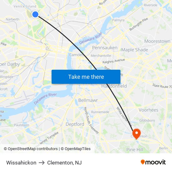 Wissahickon to Clementon, NJ map