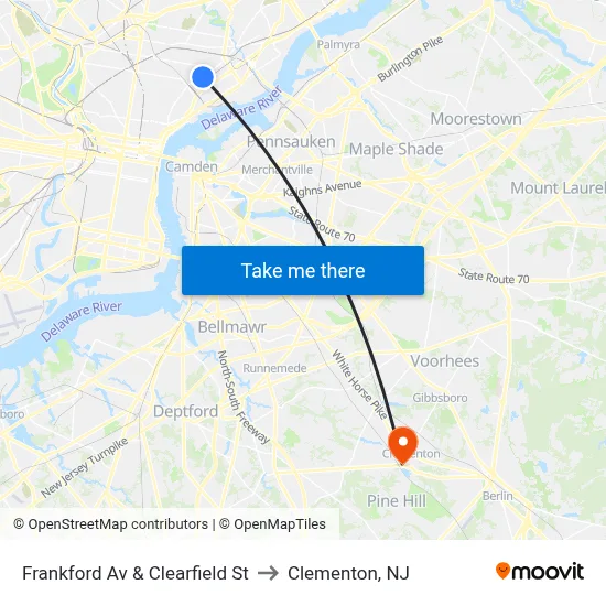 Frankford Av & Clearfield St to Clementon, NJ map