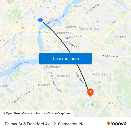 Palmer St & Frankford Av to Clementon, NJ map