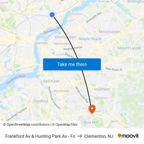 Frankford Av & Hunting Park Av - Fs to Clementon, NJ map