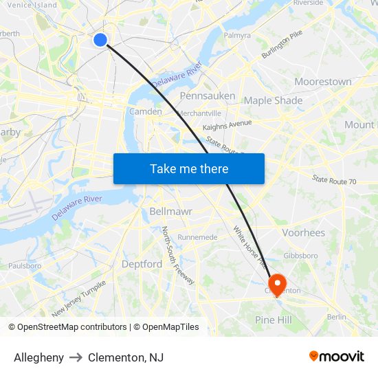 Allegheny to Clementon, NJ map