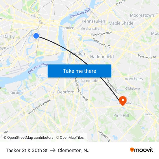 Tasker St & 30th St to Clementon, NJ map
