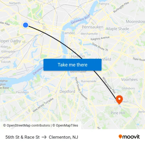 56th St & Race St to Clementon, NJ map
