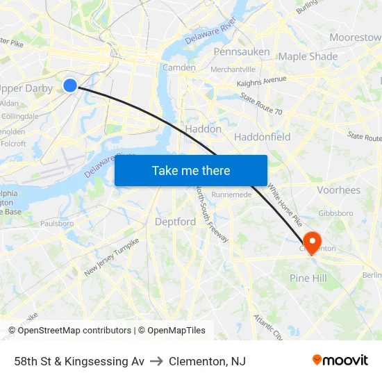 58th St & Kingsessing Av to Clementon, NJ map