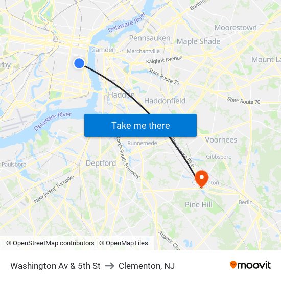 Washington Av & 5th St to Clementon, NJ map