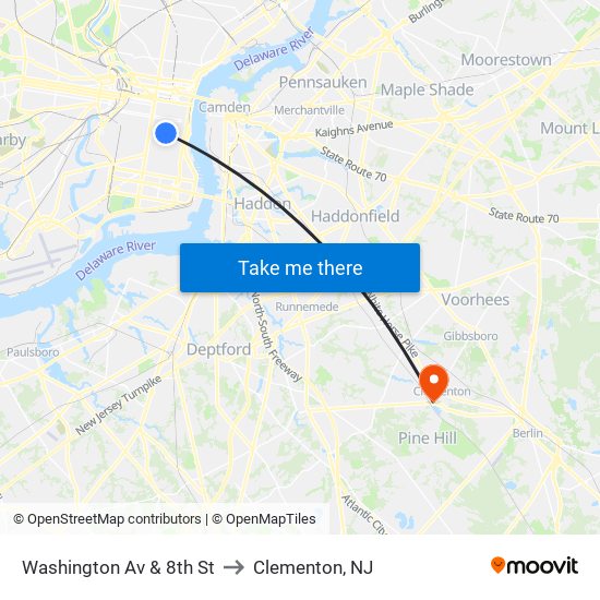 Washington Av & 8th St to Clementon, NJ map