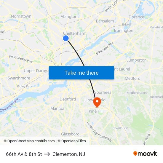 66th Av & 8th St to Clementon, NJ map