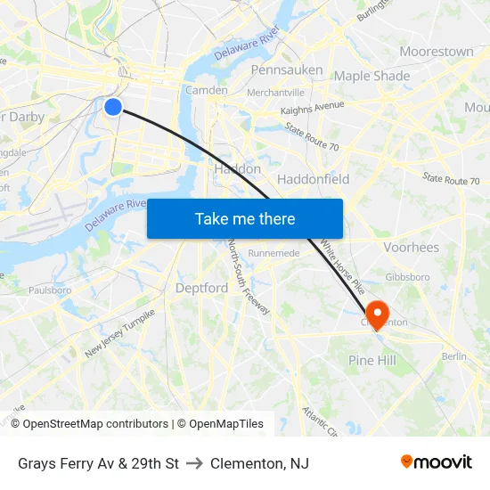 Grays Ferry Av & 29th St to Clementon, NJ map