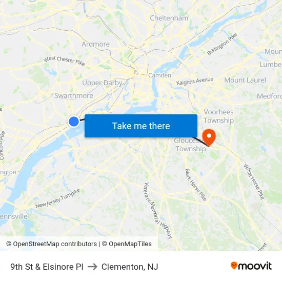 9th St & Elsinore Pl to Clementon, NJ map