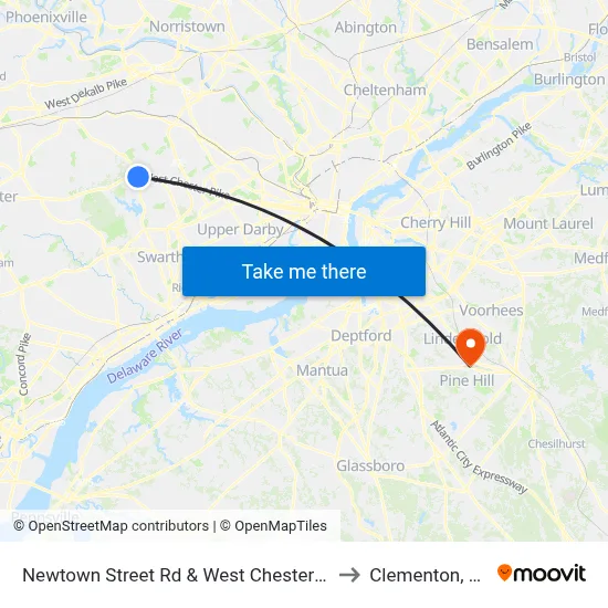 Newtown Street Rd & West Chester Pk to Clementon, NJ map