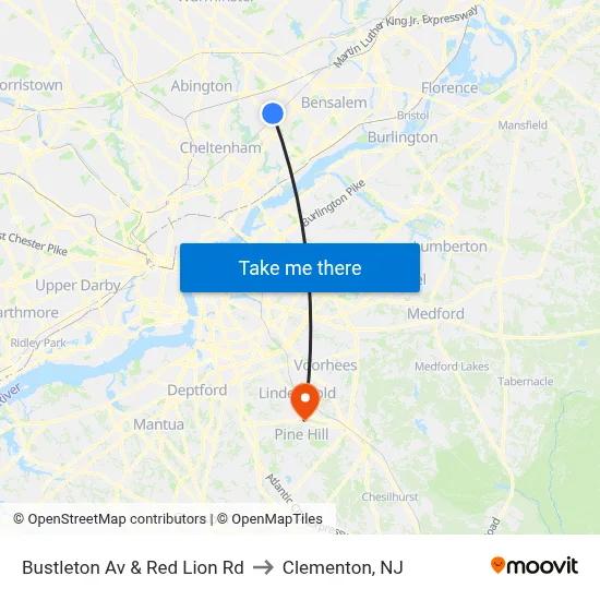 Bustleton Av & Red Lion Rd to Clementon, NJ map