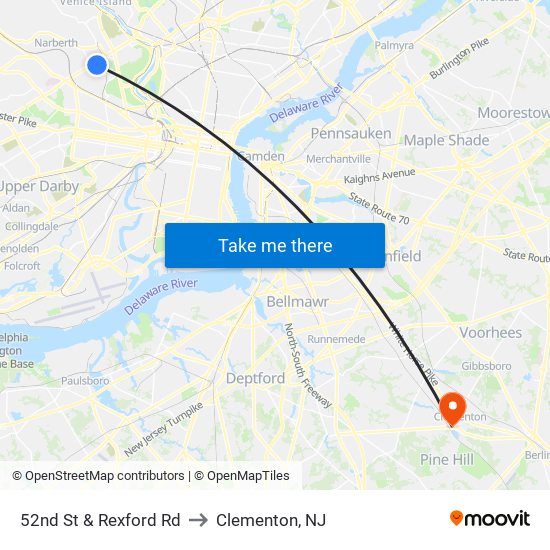 52nd St & Rexford Rd to Clementon, NJ map