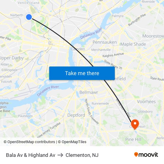 Bala Av & Highland Av to Clementon, NJ map