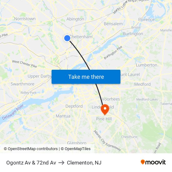 Ogontz Av & 72nd Av to Clementon, NJ map