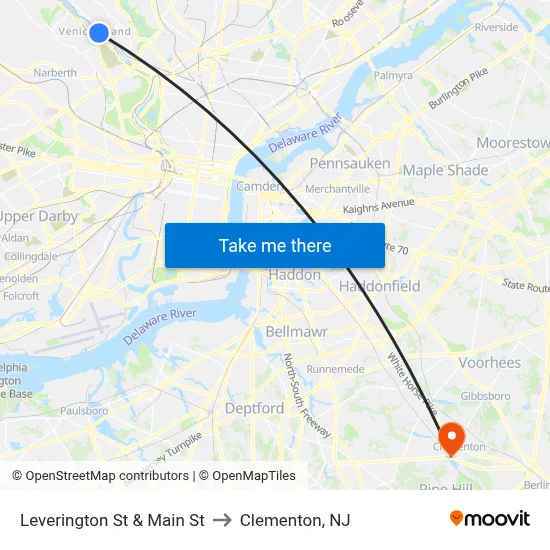 Leverington St & Main St to Clementon, NJ map