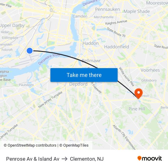 Penrose Av & Island Av to Clementon, NJ map