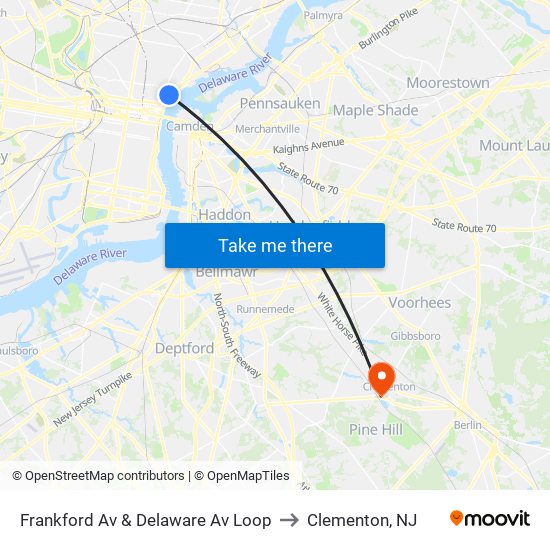 Frankford Av & Delaware Av Loop to Clementon, NJ map