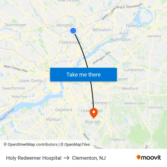 Holy Redeemer Hospital to Clementon, NJ map