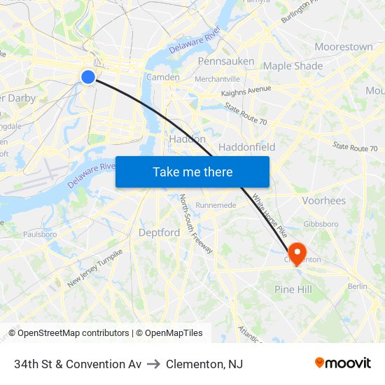 34th St & Convention Av to Clementon, NJ map