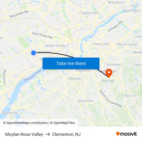 Moylan-Rose Valley to Clementon, NJ map