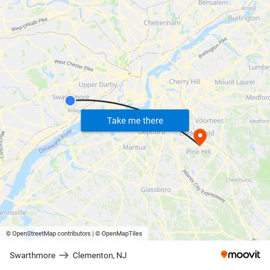 Swarthmore to Clementon, NJ map