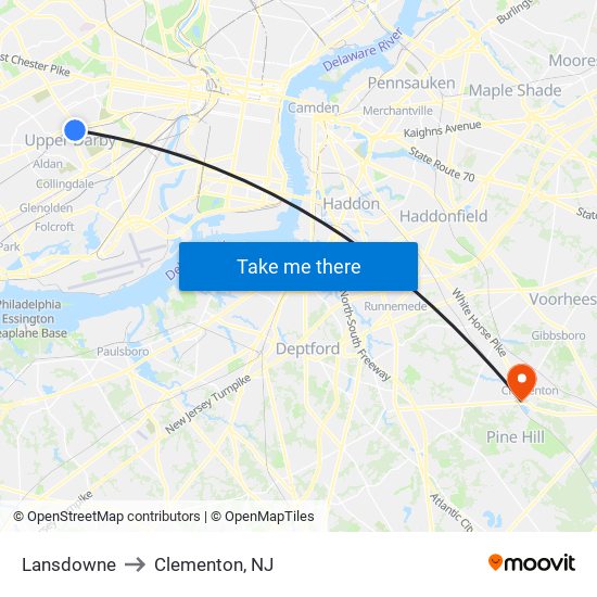Lansdowne to Clementon, NJ map