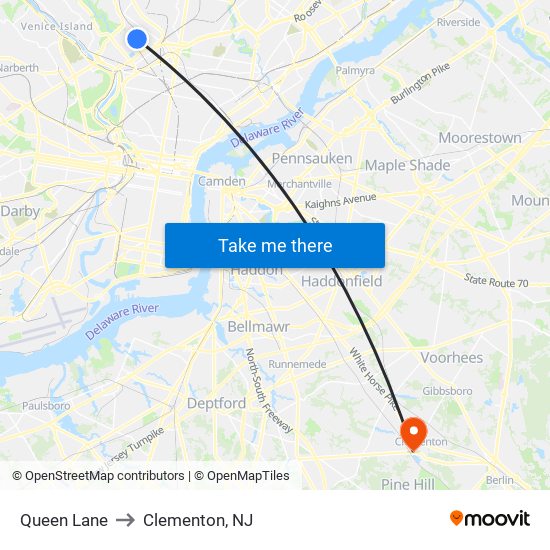 Queen Lane to Clementon, NJ map