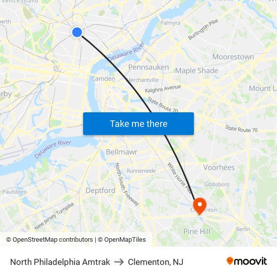 North Philadelphia Amtrak to Clementon, NJ map