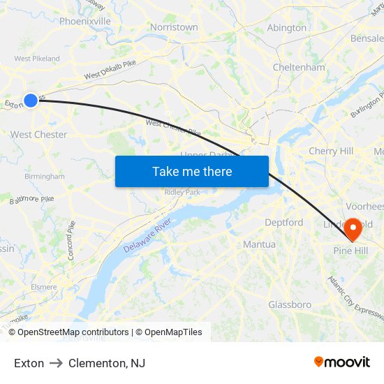 Exton to Clementon, NJ map