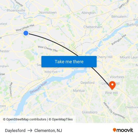 Daylesford to Clementon, NJ map