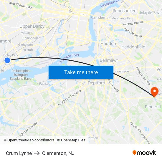 Crum Lynne to Clementon, NJ map