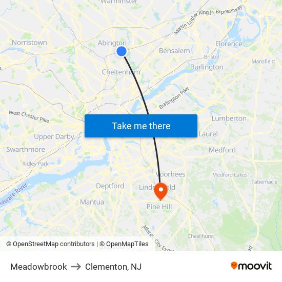 Meadowbrook to Clementon, NJ map