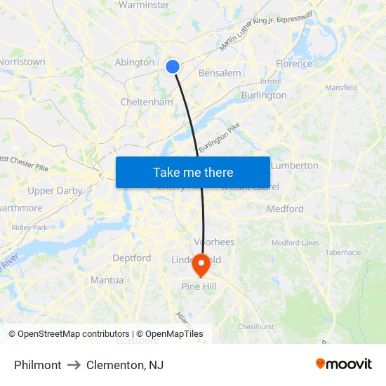 Philmont to Clementon, NJ map