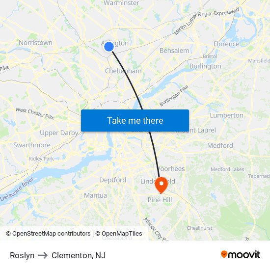 Roslyn to Clementon, NJ map