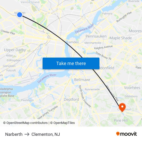 Narberth to Clementon, NJ map