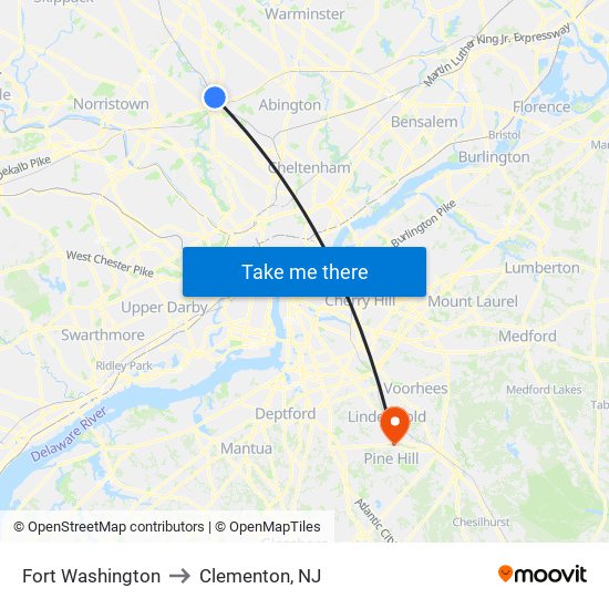 Fort Washington to Clementon, NJ map